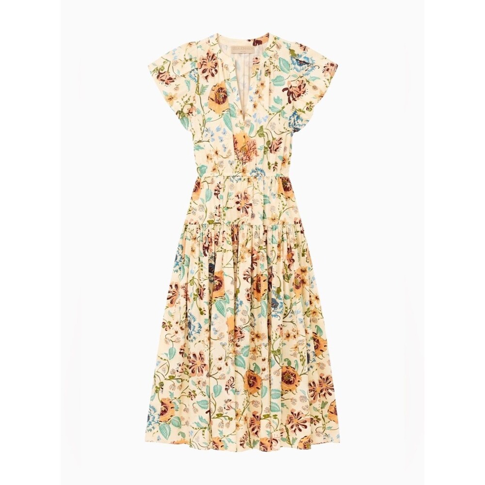 New ULLA JOHNSON Marin Cotton Floral Multicolor Pleated Ruffle-Sleeve Midi Dress - Picture 5 of 13